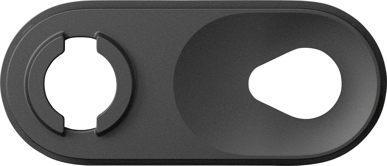 Black oval plastic clip or bracket with a circular cutout on the left and a teardrop-shaped opening on the right.
