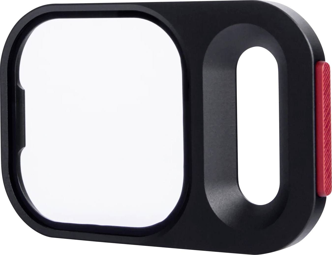 Black protective camera lens case with large square cutout, oval opening, and red side button<br>