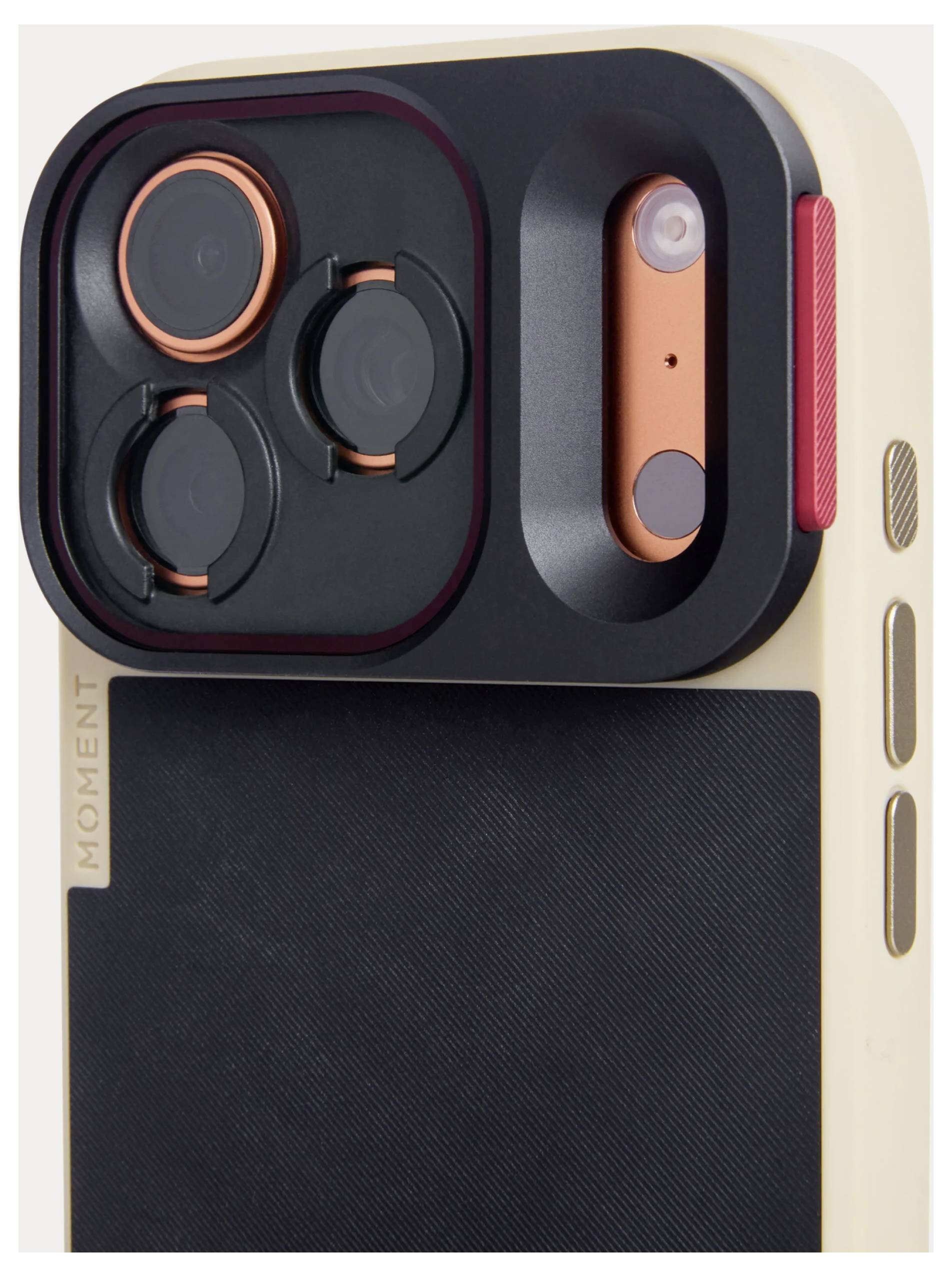 Close-up of a smartphone camera case with three circular lens covers, a flash cutout, and a textured black grip panel.