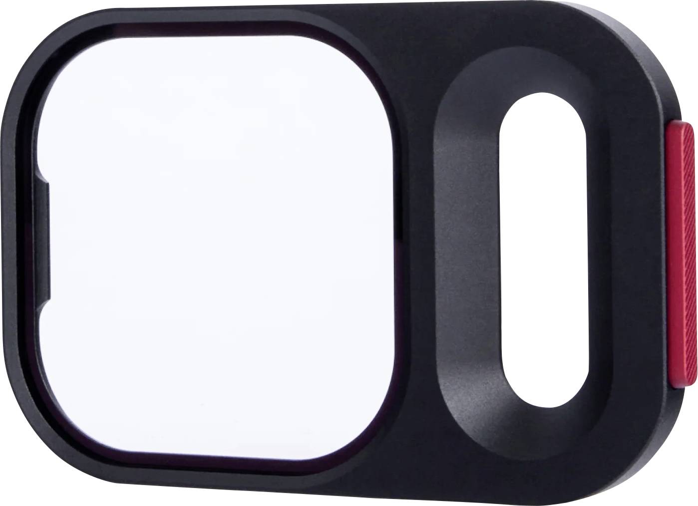 Black protective camera lens frame with a large square opening and a smaller oval cutout, accented by a red side tab.