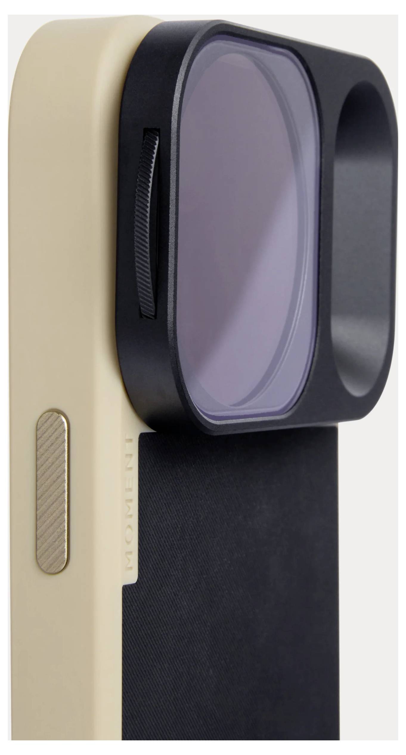Close-up of a beige and black smartphone camera lens attachment or case accessory on a white background.