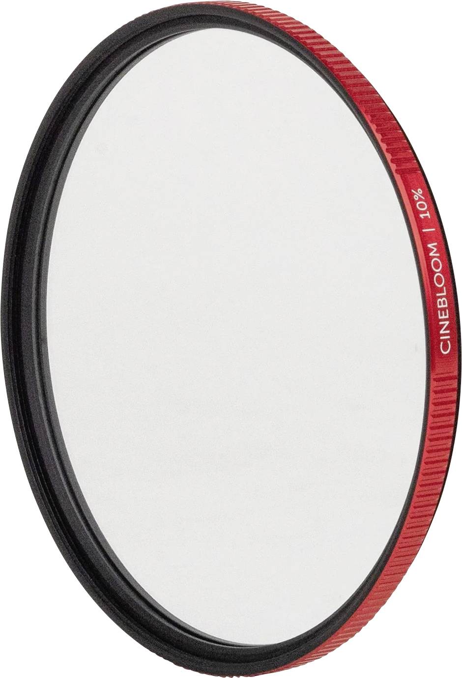 Round camera lens filter with red edge labeled 'CINEBLOOM 1/4'.
