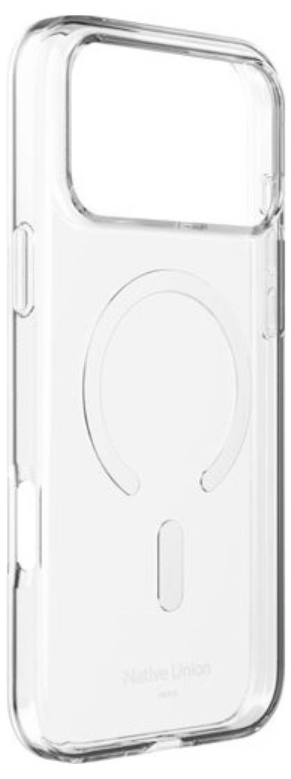 Clear phone case with a built-in circular MagSafe-style ring and elongated bottom opening, shown on a white background.