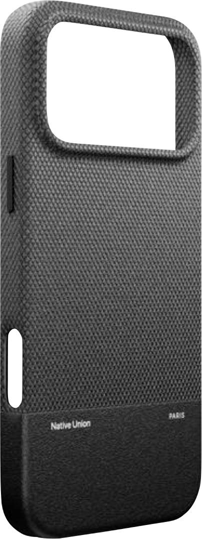 Black textured phone case with a large rectangular hand grip cutout at the top and a small vertical opening near the side, labeled Native Union.