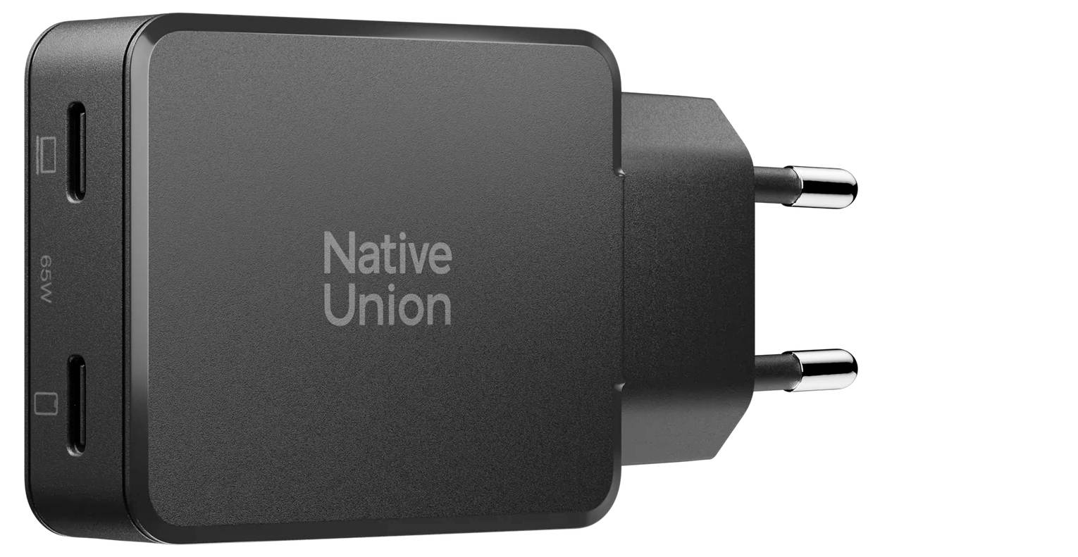 Black Native Union wall charger with two USB-C ports and a European two-pin plug.