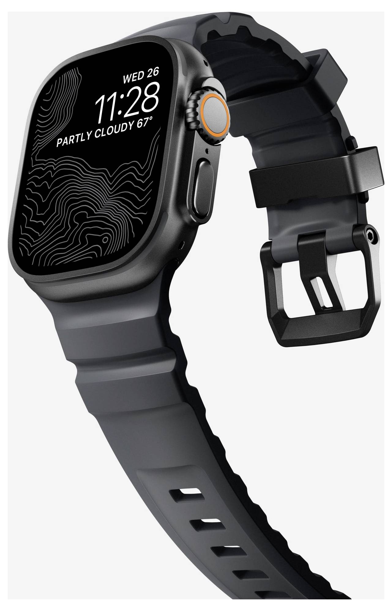 Black Apple Watch Ultra with rugged case, orange crown accent, and black sport strap showing 11:28, Wed 26, partly cloudy 67°<br>