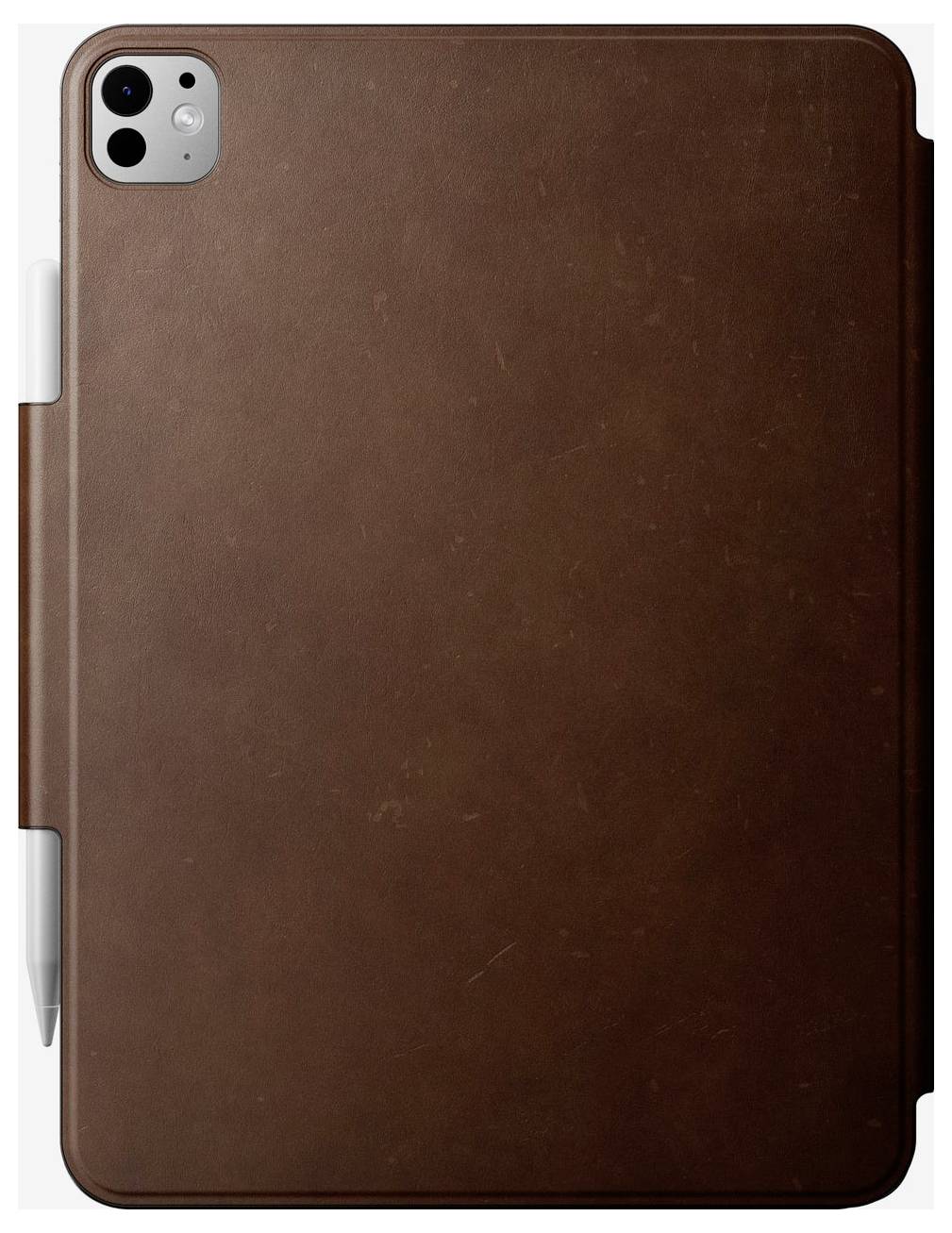 Brown leather-style tablet folio case with built-in stylus holder and camera cutout on a white background.