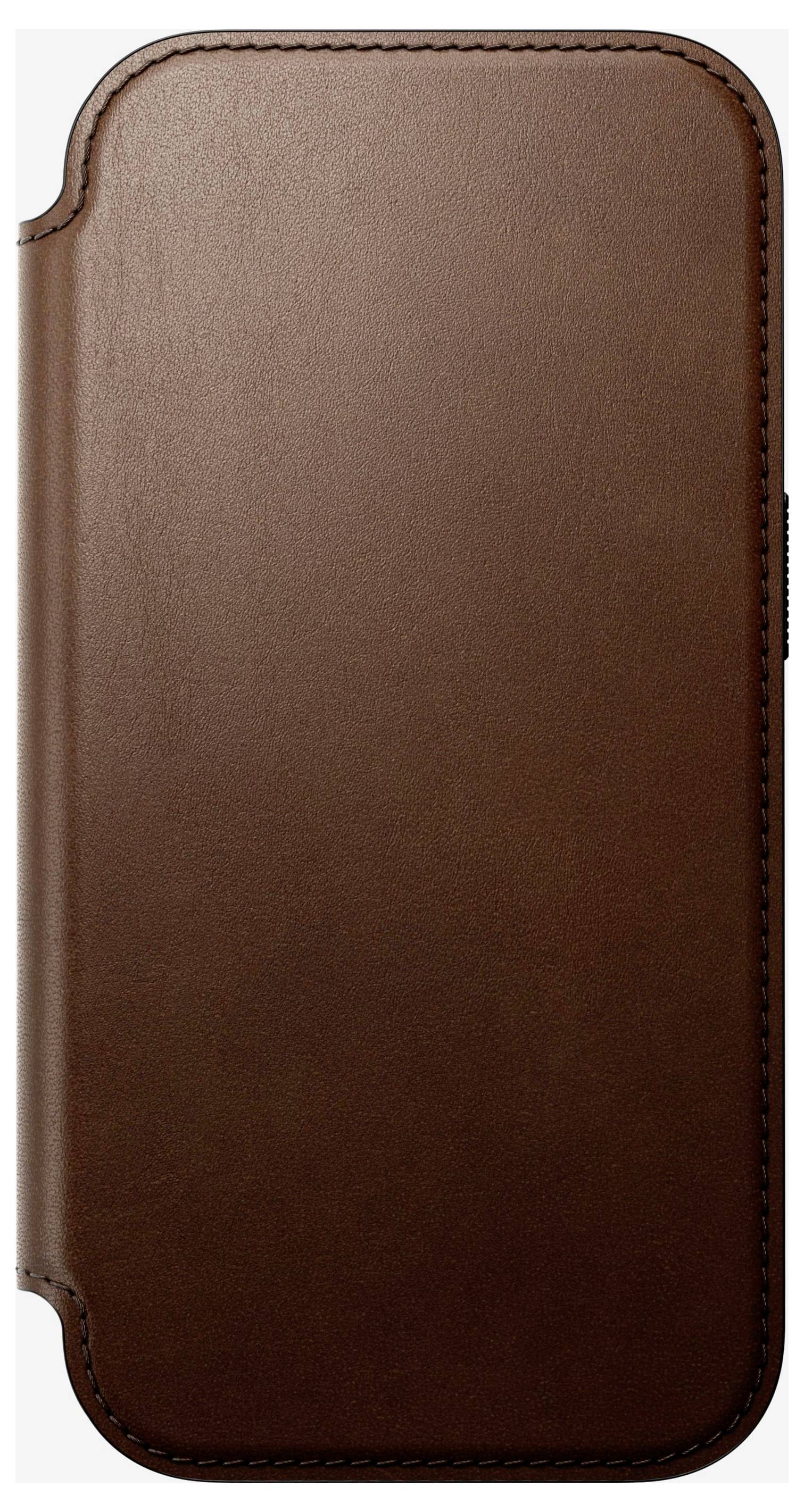 Brown leather smartphone case with a rounded rectangular shape and stitched edges, shown front-facing on a white background.
