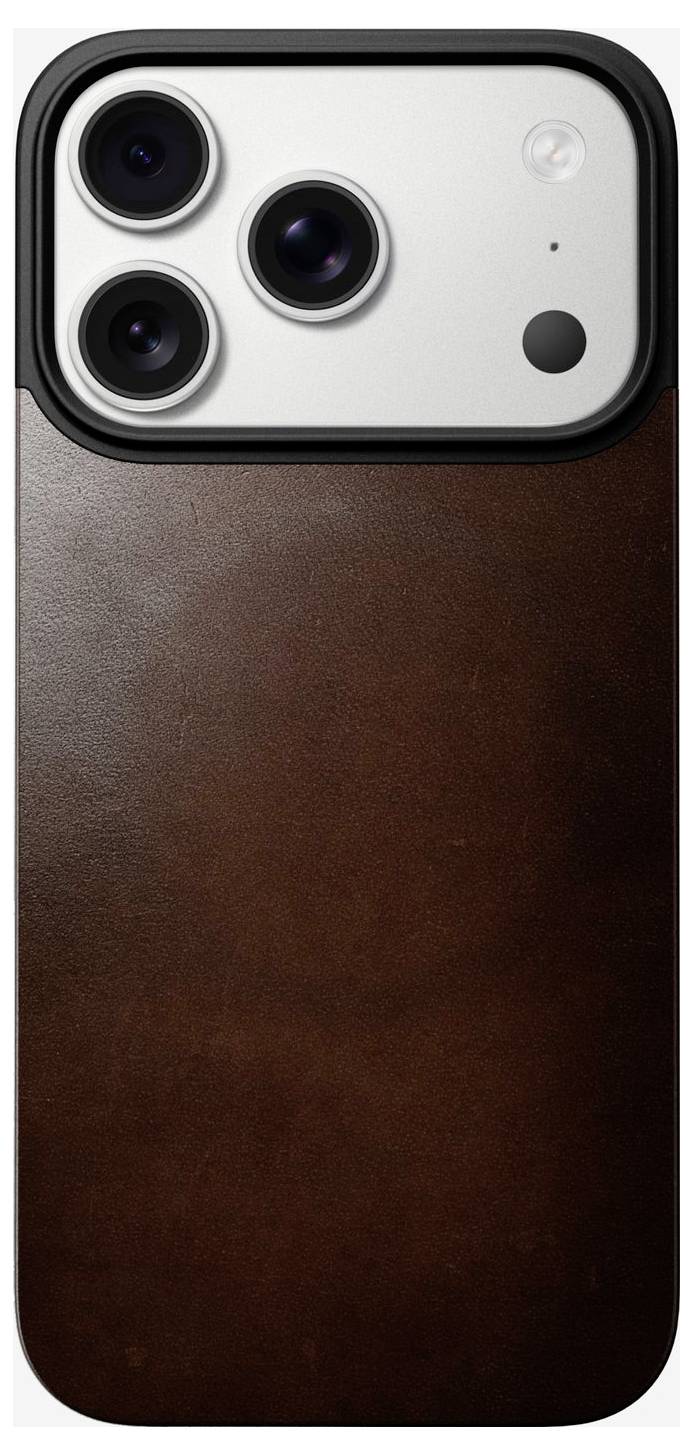 Rear view of a smartphone with a dark brown leather-like back and triple-camera module in the top left.