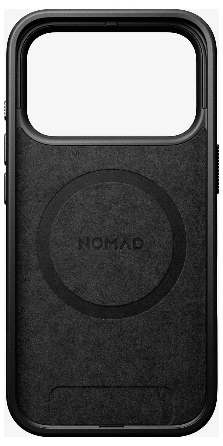 Black Nomad phone case with built-in circular MagSafe-style charging ring on the back.