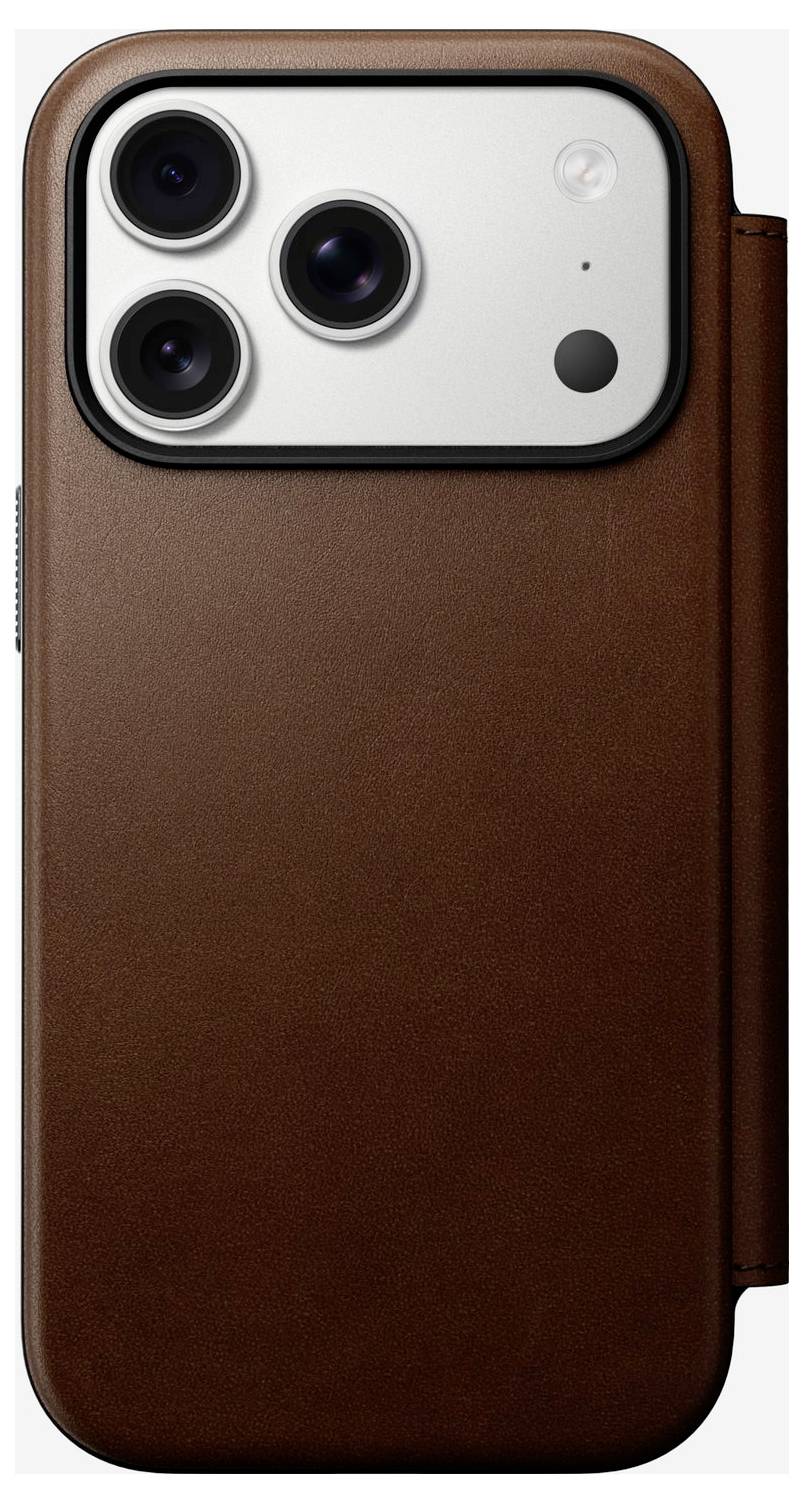 Brown leather phone case with a raised camera cutout for a triple-lens smartphone and side button cover<br>