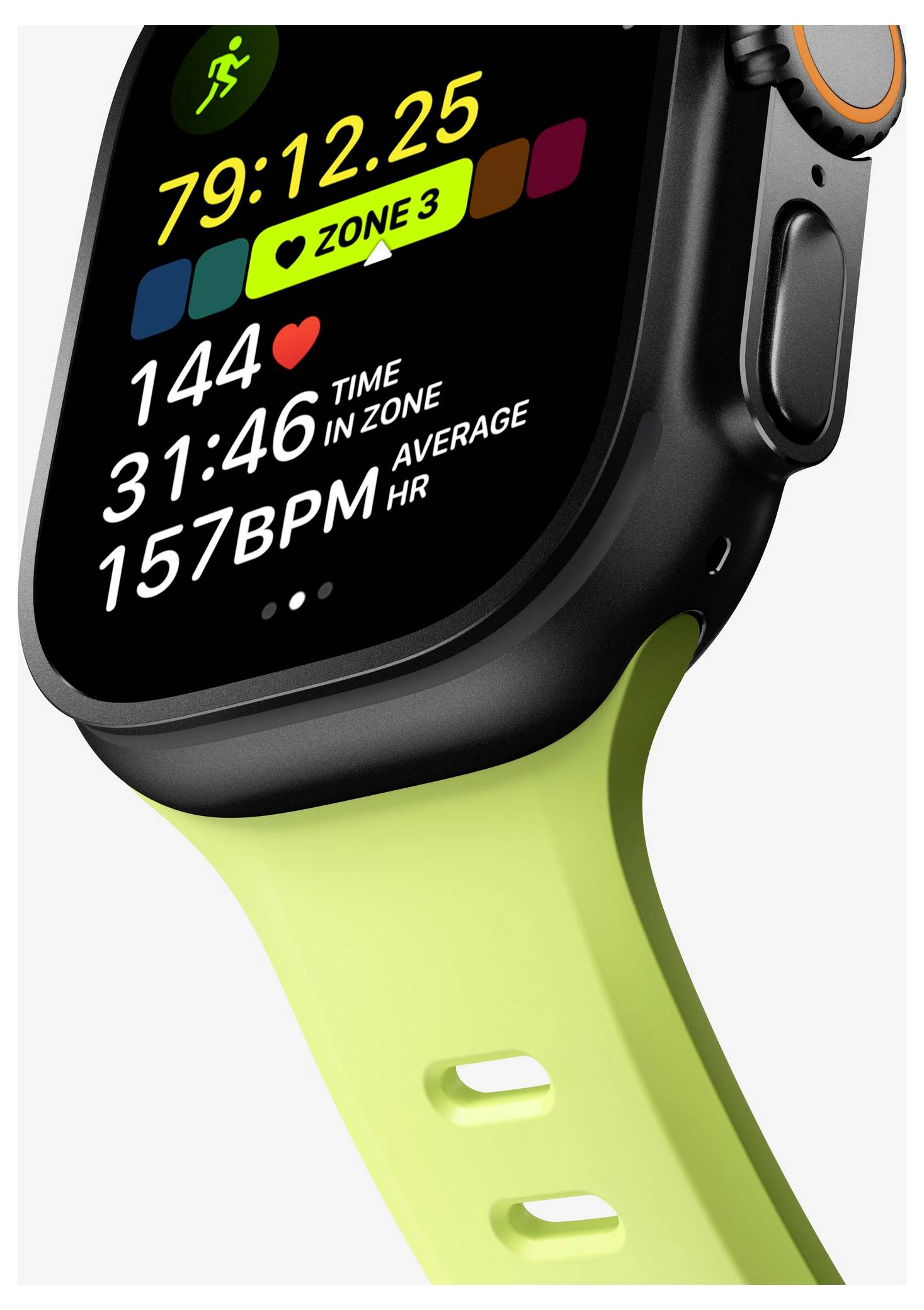 Close-up of a smartwatch showing fitness stats: time 79:12.25, 'ZONE 3', 144 heart rate, 31:46 in zone, average 157 BPM.