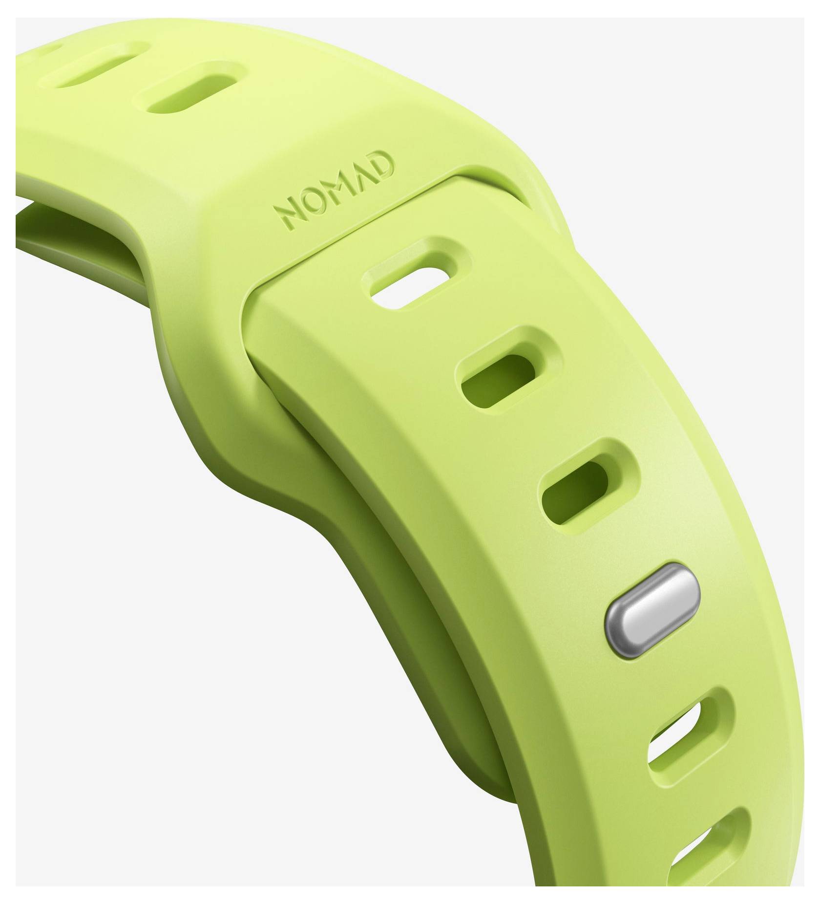 Close-up of a lime-green wristwatch band with multiple adjustment holes and a metal clasp, shown on a white background.