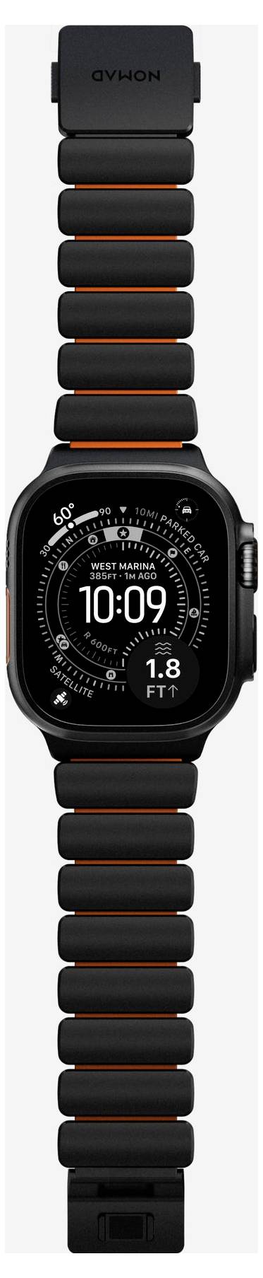 Black GYVOIN smartwatch with orange-accented band, showing a digital watch face with 10:09 and fitness stats.