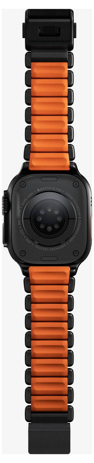Black and orange rugged wristwatch with a round black face and vented orange strap, shown front-on against a white background