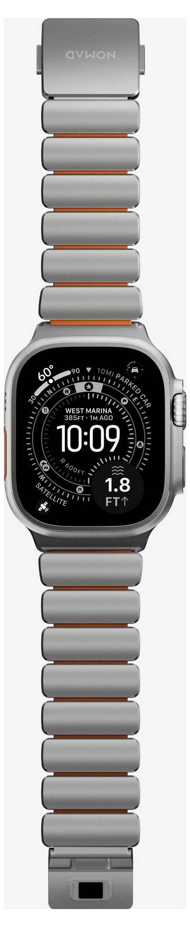 Apple Watch Ultra with a silver metal link band, shown front view on a white background.