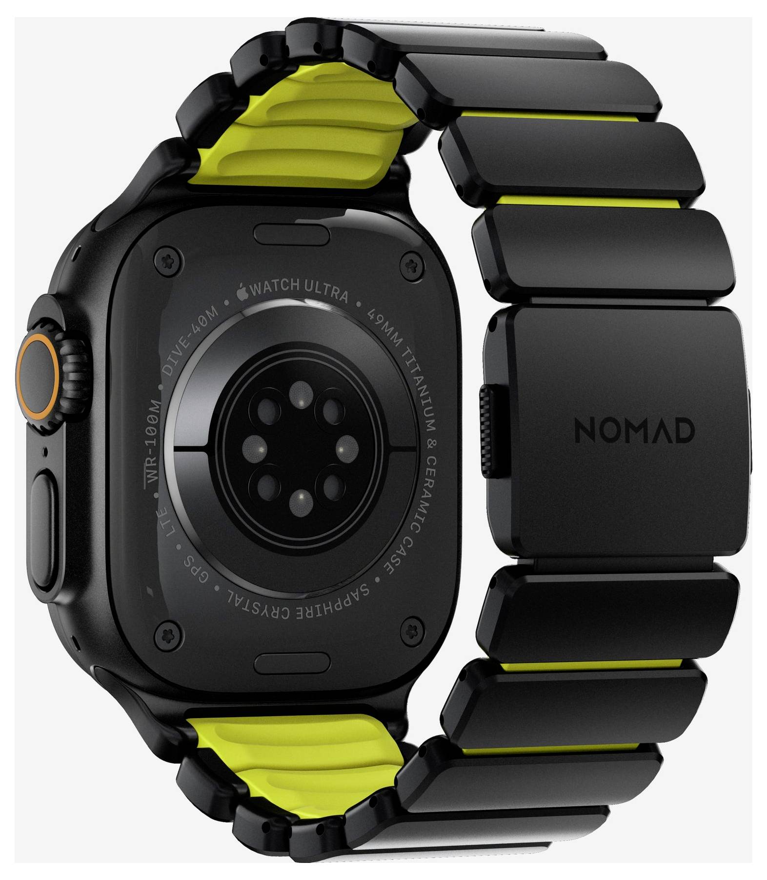 Black Apple Watch Ultra with a rugged black-and-yellow Nomad band, shown from the back on a white background.