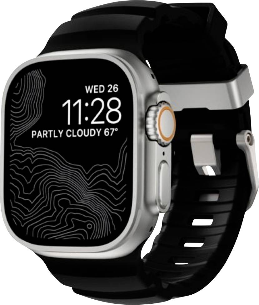 Black and silver smartwatch with black band, displaying 'WED 26', time 11:28, and 'PARTLY CLOUDY 67°' on the screen.