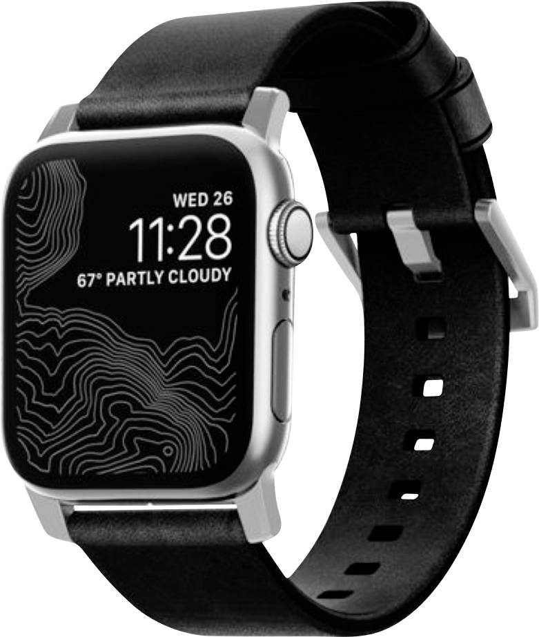 Black smartwatch with a silver case and black band, showing '11:28', 'WED 26', and '67° PARTLY CLOUDY' on the display.
