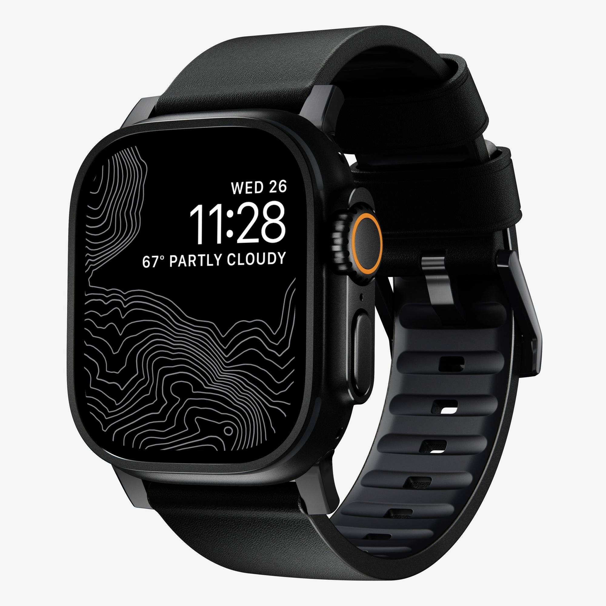 Black smartwatch with a square face showing 'WED 26', 11:28, and 67° partly cloudy, on a black band.<br>