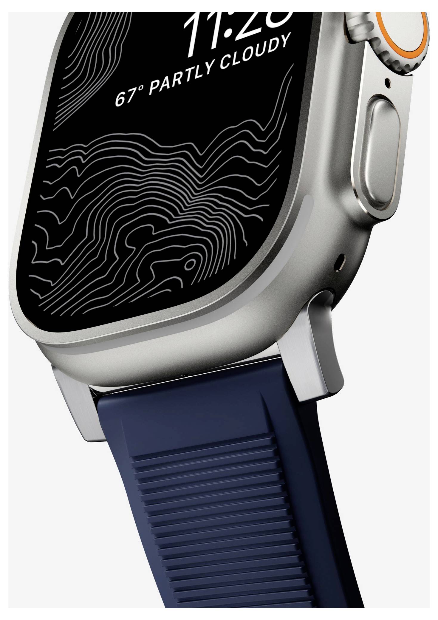 Close-up of a silver smartwatch showing 11:26 and '67° Partly Cloudy' on a black topographic-style display with a blue band.