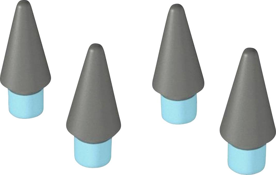 Four gray cone-shaped objects with blue cylindrical bases arranged on a white background.