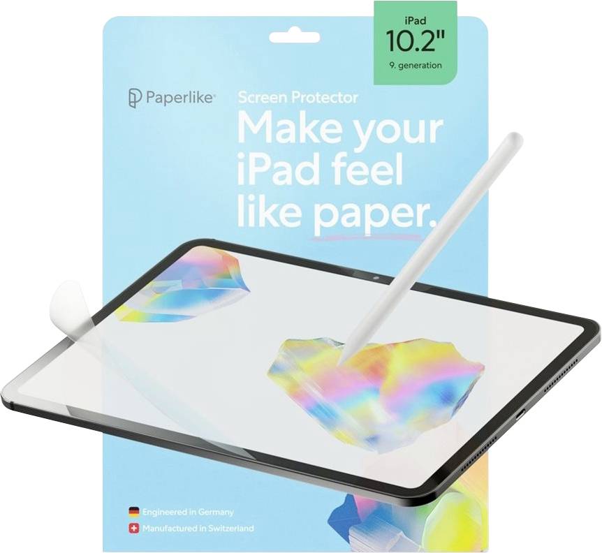 Product package for Paperlike screen protector for 10.2-inch iPad, showing an iPad with stylus and the text 'Make your iPad feel like paper.'
