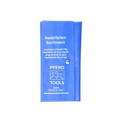 Blue PFERD TOOLS case labeled 'Nadelfeilen Sortiment' and 'Assortment of Needle Files', for a 160 mm needle file set.