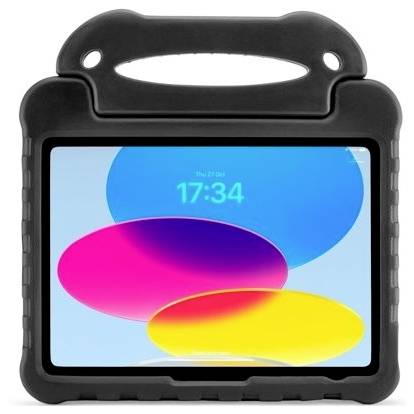 Rugged black tablet case with handle, showing a tablet screen with overlapping colorful oval shapes and the time 17:34.<br>