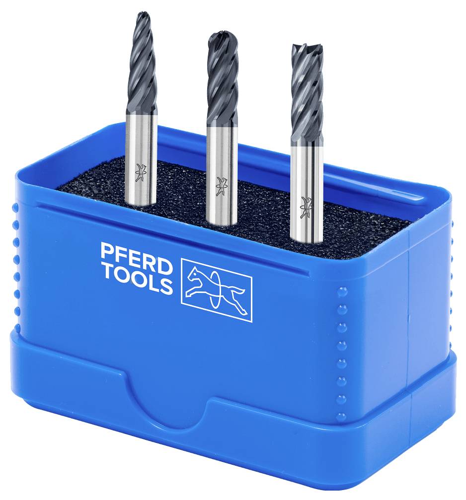Blue PFERD TOOLS plastic holder with foam insert displaying three metal cutting end mills upright.