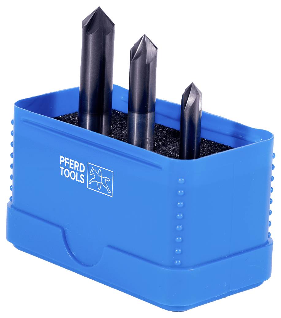 Blue PFRED TOOLS holder containing three black drill bits on a white background.