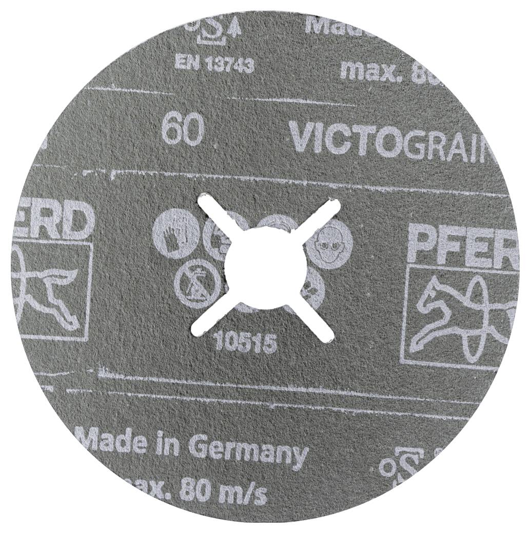 Close-up of a grinding disc labeled 'VICTOGRAIN' and 'Made in Germany' with a central mounting hole.