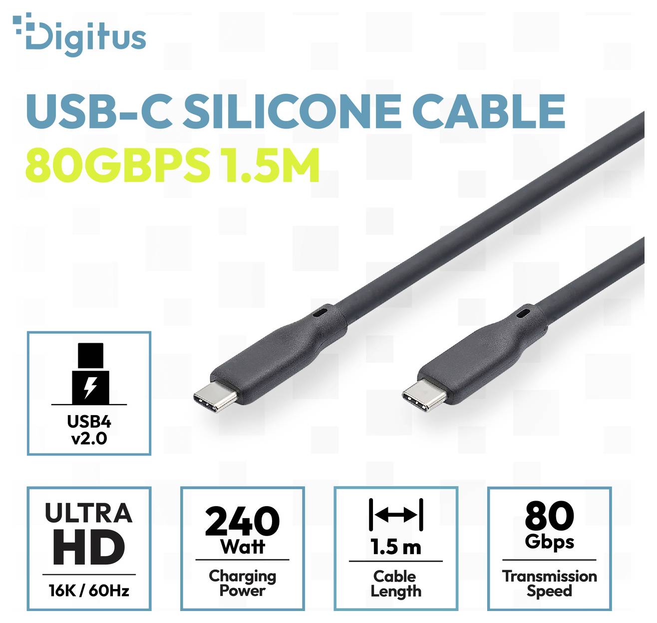 Digitus USB-C silicone cable, 1.5 m, USB4 v2.0, 80 Gbps transfer speed, 240W charging, Ultra HD 16K/60Hz.