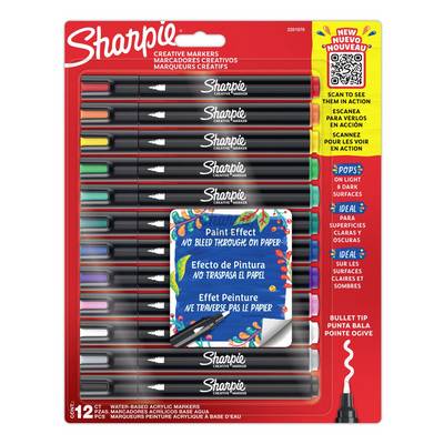 Sharpie 12-pack water-based acrylic marker set with assorted colors and 'Paint Effect' packaging, featuring bullet tip and surface-visibility notes.