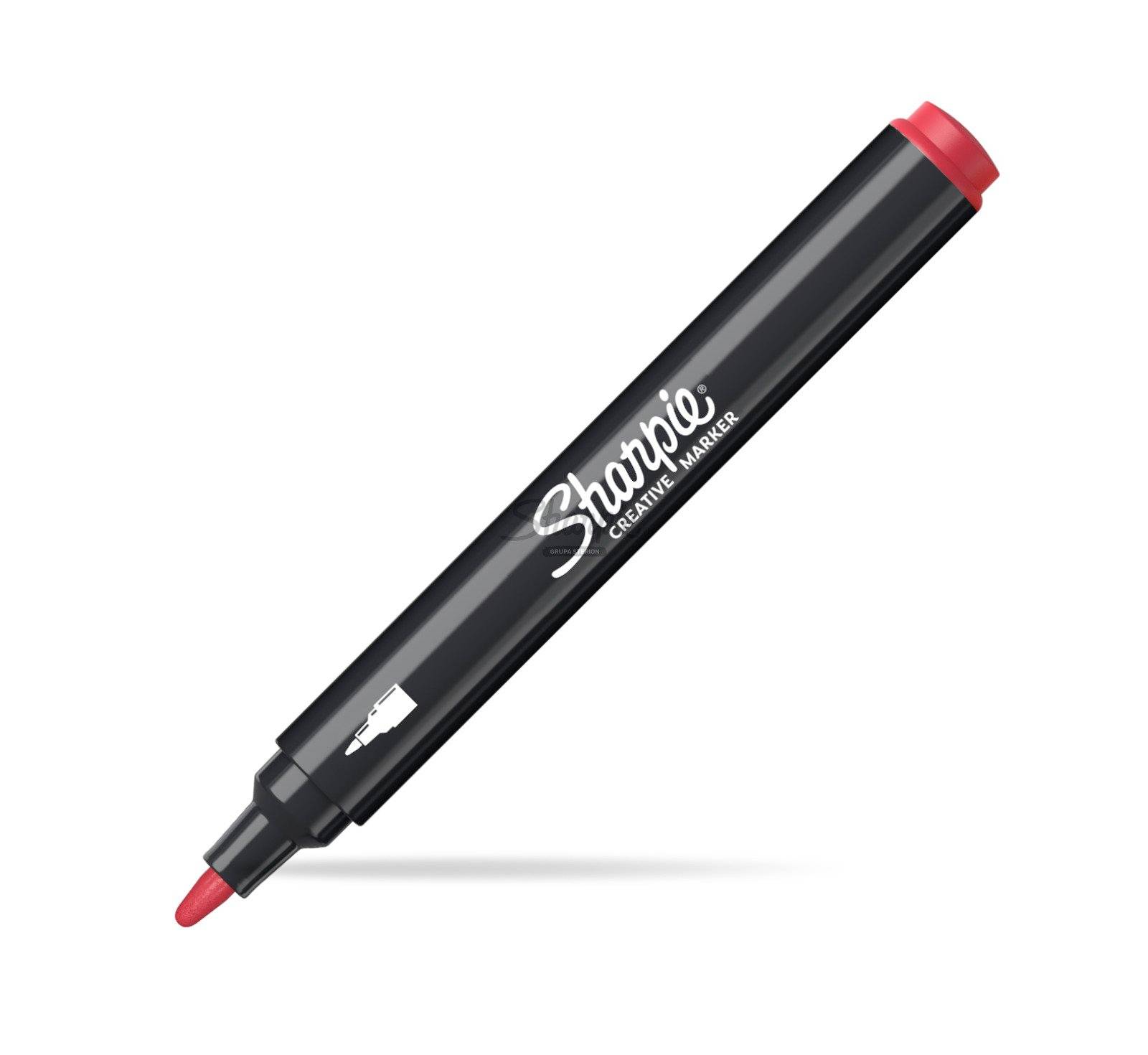 Black Sharpie Creative Marker with red cap and red tip, shown diagonally on a white background.<br>