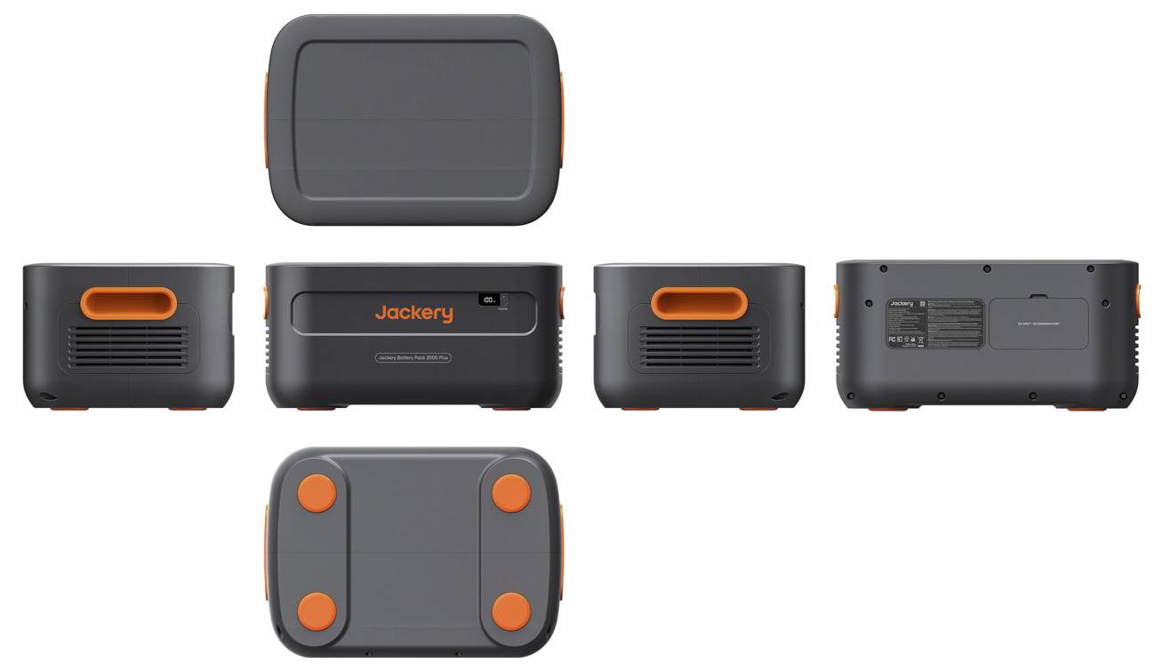 Multi-view product image of a Jackery portable power station, showing top, front, side, back, and bottom views in dark gray with orange accents.
