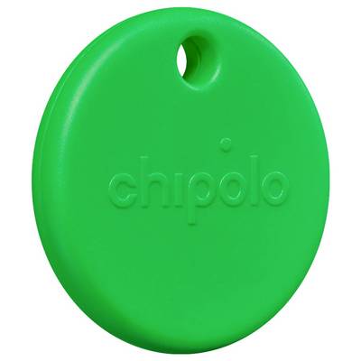 Green oval silicone dog tag embossed with 'chipolo' and a top hole for attaching to a collar or keyring.