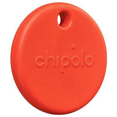 Red round Chipolo Bluetooth tracker with a keyring hole, shown on a white background.<br>