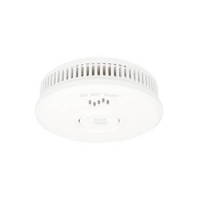 White round smoke detector with side vents and a central 'TEST HUSH' button on a plain white background.