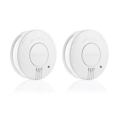 Two white round smoke detectors shown side by side on a white background.