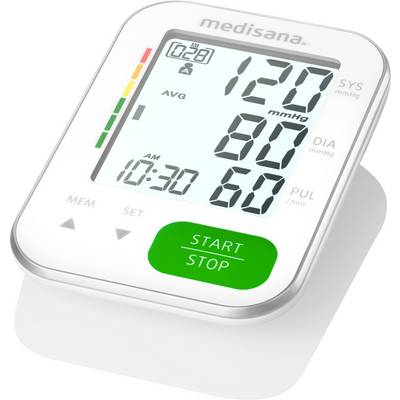 Digital blood pressure monitor showing 120 systolic, 80 diastolic, and pulse 60, with a green start/stop button.<br>