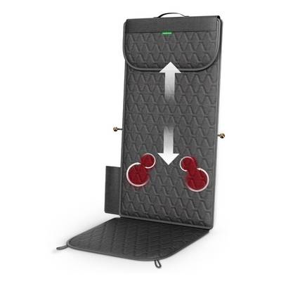 Black quilted seat cushion with an upright backrest, showing up-and-down adjustment arrows and two red circular attachment points.<br>