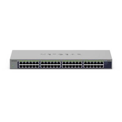 Front view of a NETGEAR Ethernet network switch with 48 numbered RJ45 ports and status LEDs on a white background.