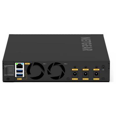 Front view of a NETGEAR network device with power switch, multiple USB ports, two large cooling fans, and three labeled power input connectors on the right.