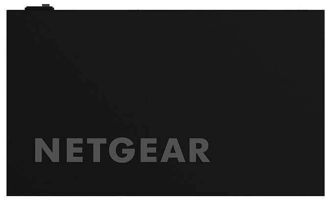 Black NETGEAR branded device front panel with the 'NETGEAR' logo near the bottom-left.