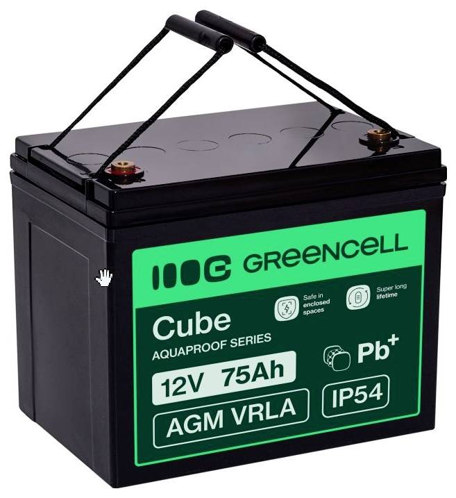 Black Greencell Cube AGM VRLA 12V 75Ah battery with top terminals and carry straps, labeled IP54 and Pb+.<br>