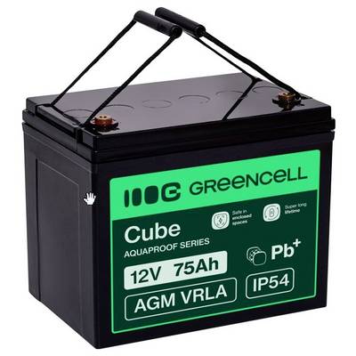 Black Greencell Cube AGM VRLA 12V 75Ah battery with top terminals and carry straps, labeled IP54 and Pb+.<br>