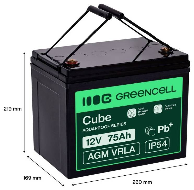 Black Greencell Cube 12V 75Ah AGM VRLA battery with carry handle, shown with dimensions 260 mm wide, 169 mm deep, 219 mm high.