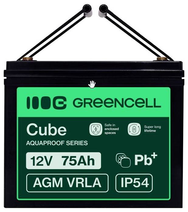 GreenCell Cube Aquaproof Series 12V 75Ah AGM VRLA battery with handles and IP54 rating.