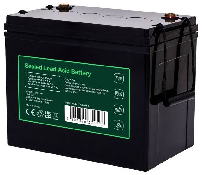 Black sealed lead-acid battery with green label, terminals on top, and a carrying strap on the right side.